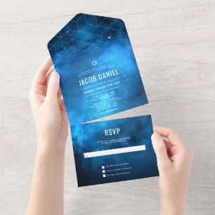 Invitación Todo En Uno Blue Space Galaxy Bar Mitzvah