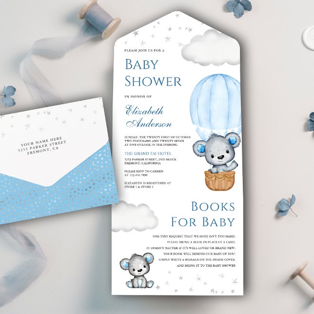 Invitación Todo En Uno Blue Teddy Bear Hot Air Balloon Baby Shower (Subido por el creador)