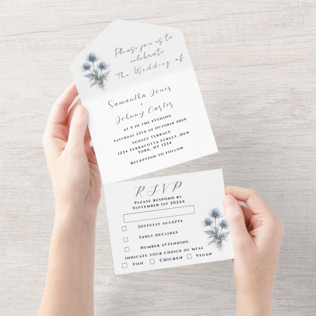 Invitación Todo En Uno Blue Thistle Scottish Simple Floral Wedding (desgarro)