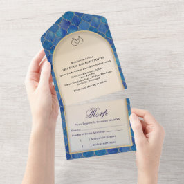 Invitación Todo En Uno Blue Watercolor Moroccan Pattern Wedding