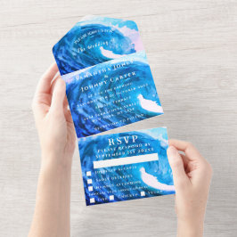 Invitación Todo En Uno Blue Watercolor Tropical Destination Ocean Wave