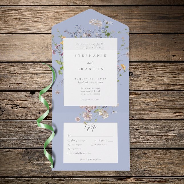 Invitación Todo En Uno Blue Wildflower Garden Elegant Wedding (Blue Wildflower Garden Elegant Wedding All In One Invitation)