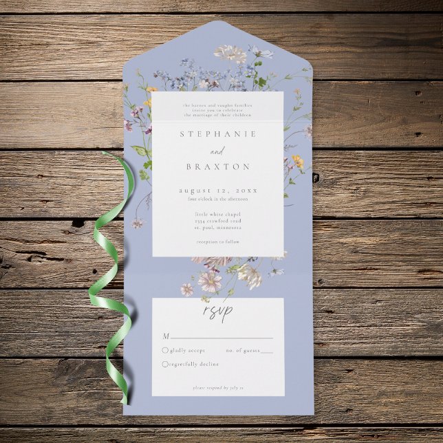 Invitación Todo En Uno Blue Wildflower Garden Elegant Wedding (Blue Wildflower Garden Elegant Wedding All In One Invitation)