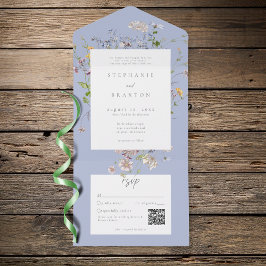 Invitación Todo En Uno Blue Wildflower Garden Elegant Wedding QR