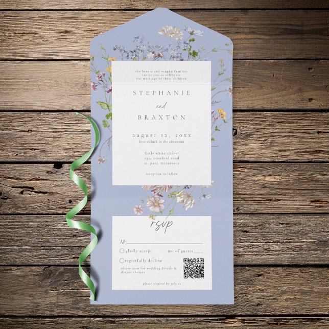 Invitación Todo En Uno Blue Wildflower Garden Elegant Wedding QR (Blue Wildflower Garden Elegant Wedding All In One Invitation)