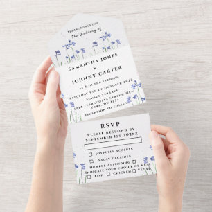Invitación Todo En Uno Bluebells Watercolor Azul Floral RSVP Boda