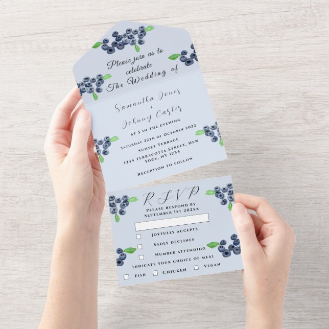 Invitación Todo En Uno Blueberries Berries Fruit Elegant Blue Boda (desgarro)