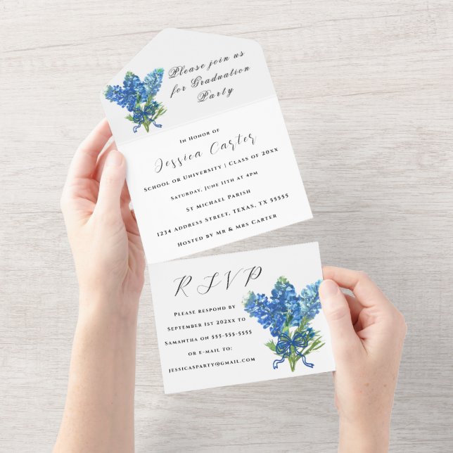 Invitación Todo En Uno Bluebonnets Flor azul Floral Lupin (desgarro)