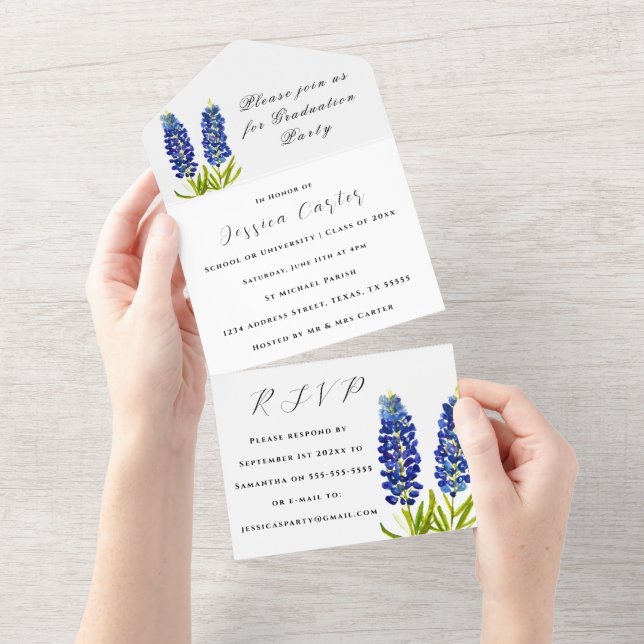 Invitación Todo En Uno Bluebonnets Flor azul Floral Lupin (desgarro)