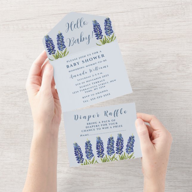 Invitación Todo En Uno Bluebonnets Texas Baby Shower Género neutral (desgarro)