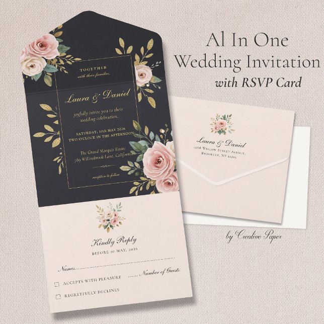 Invitación Todo En Uno Blush Pink & Black All-In-One Wedding Invitation (Subido por el creador)