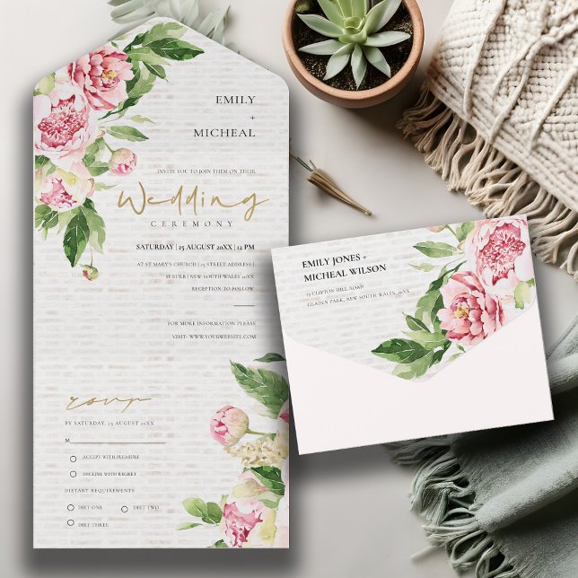 INVITACIÓN TODO EN UNO BLUSH PINK GREEN PEONY FLORAL BRICK WASH WEDDING (Subido por el creador)