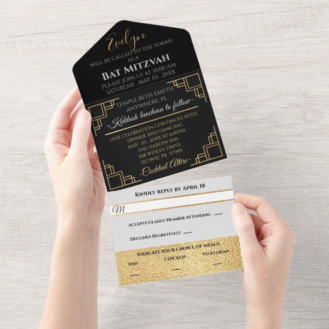 Invitación Todo En Uno BM Bar Bat Mitzvah Art Deco (desgarro)