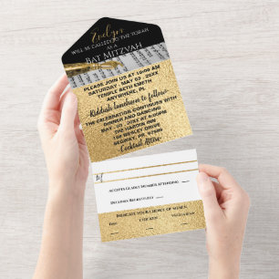 Invitación Todo En Uno BM Bar Bat Mitzvah Gold y Black