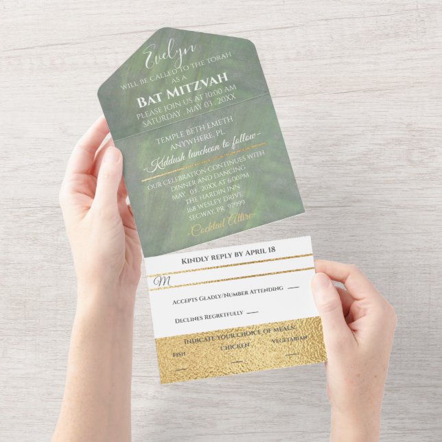 Invitación Todo En Uno BM Bar Bat Mitzvah Greens Silvers (desgarro)