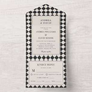 Invitación Todo En Uno Boda a Cuadros Retro Dinero Antiguo