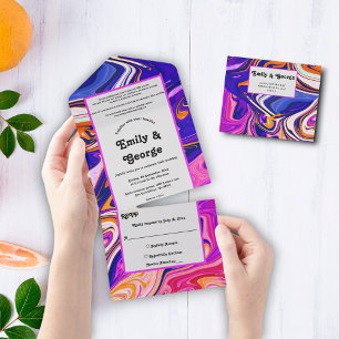 Invitación Todo En Uno Boda abstracto de galaxia con Naranja malva azul m