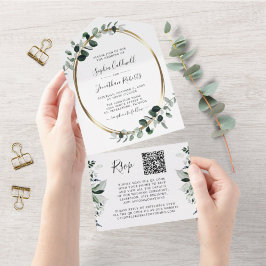 Invitación Todo En Uno Boda actualizado de Eucalyptus Gold QR Code RSVP