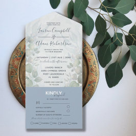 Invitación Todo En Uno Boda acuarela azul polvoriento eucalipto rústico