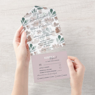 Invitación Todo En Uno Boda Acuarela Bohemio Floral Beige Marrón