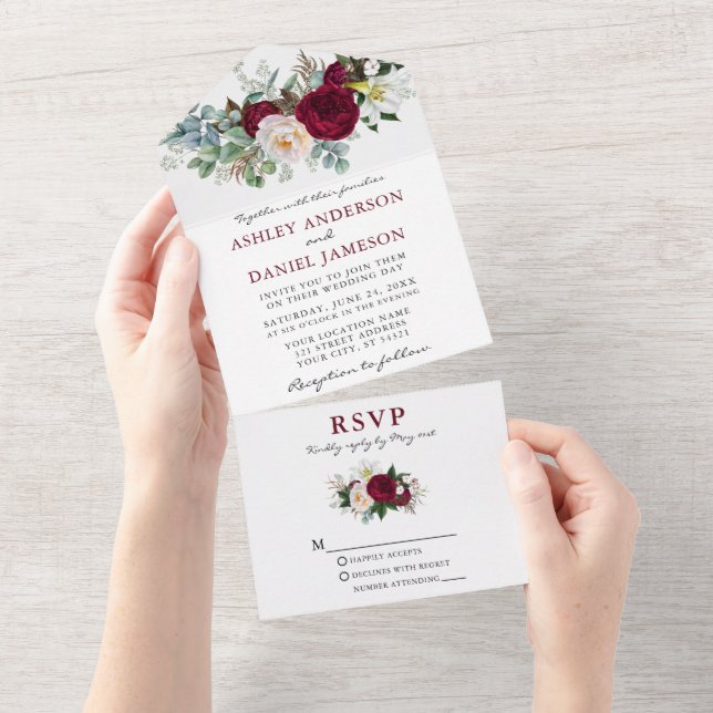 Invitación Todo En Uno Boda acuarela Borgoña Floral Verdor (desgarro)