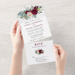 Invitación Todo En Uno Boda acuarela Borgoña Floral Verdor