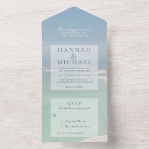 Invitación Todo En Uno Boda acuarela de agua de mar de playa azul