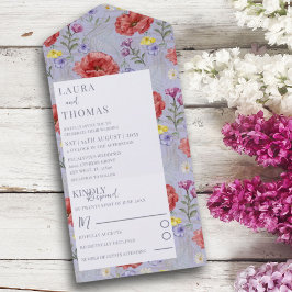 Invitación Todo En Uno Boda acuarela de amapola roja y púrpura de flor si