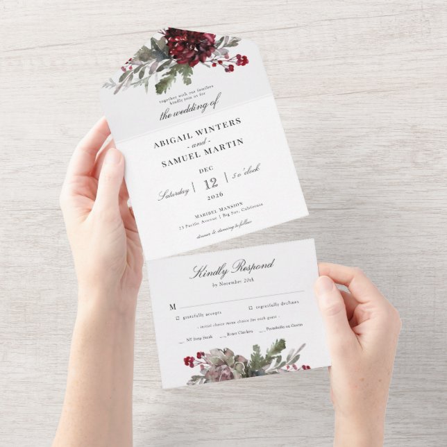 Invitación Todo En Uno Boda acuarela de flores navideñas (desgarro)