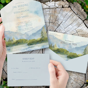 Invitación Todo En Uno Boda acuarela en el lago de montaña