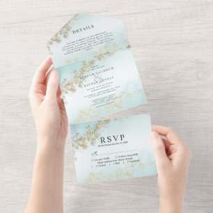 Invitación Todo En Uno Boda acuarela niebla teal con destellos de oro mod