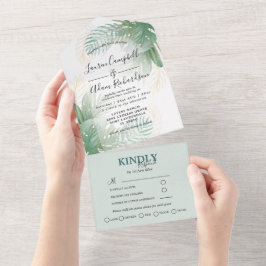 Invitación Todo En Uno Boda acuarela verde follaje tropical