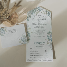Invitación Todo En Uno Boda acuarela verde salvia eucalipto verde