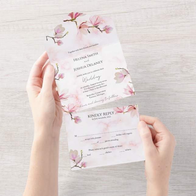 Invitación Todo En Uno Boda acuático de Magnolia rosa (desgarro)