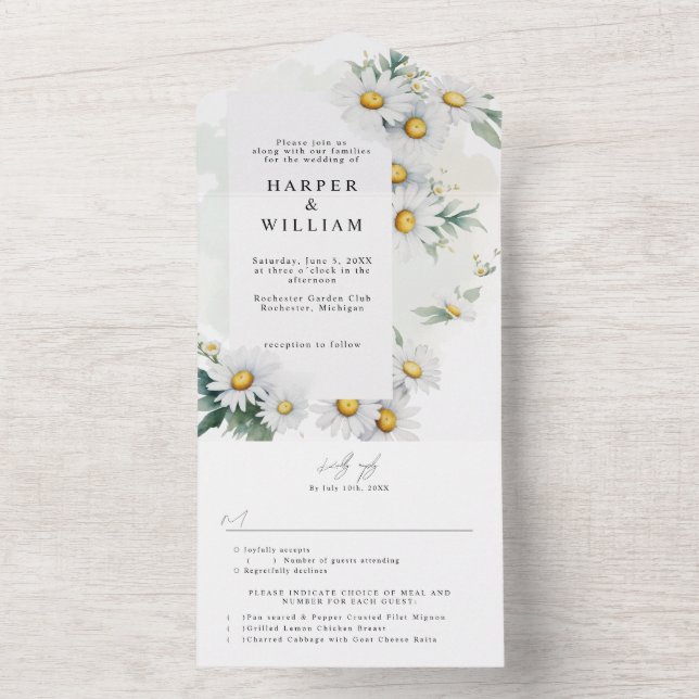 Invitación Todo En Uno boda adjunto de wildflower daisies rsvp (Interior)