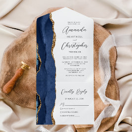 Invitación Todo En Uno Boda Agata Azul Marino Oro