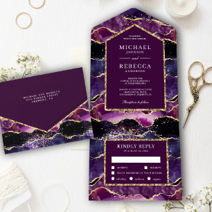 Invitación Todo En Uno Boda Agate Marble de Plum Purple Gold Purpurina