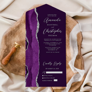 Invitación Todo En Uno Boda Agate Morado Ciruela Plateada