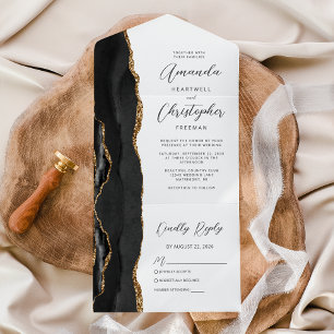 Invitación Todo En Uno Boda Agate Negro Oro