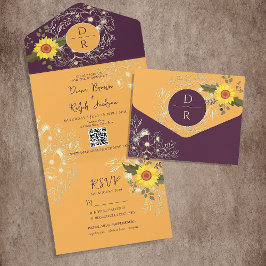 Invitación Todo En Uno Boda Amarillo Girasol y Púrpura
