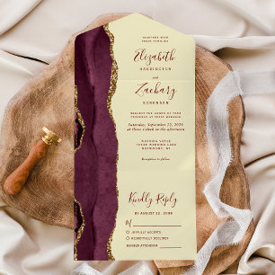 Invitación Todo En Uno Boda Amarillo Mantequilla Ágata Oro Burgundy Moder