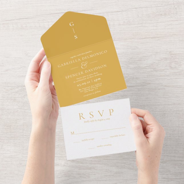 Invitación Todo En Uno Boda amarillo mostaza moderno (desgarro)