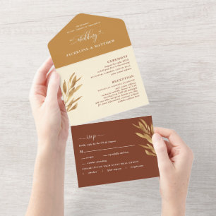 Invitación Todo En Uno Boda amarillo y rojizo moderno con RSVP Perforado
