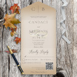 Invitación Todo En Uno Boda anda código QR de Tan moderno<br><div class="desc">DISPONIBLE CON O SIN CÓDIGO QR PARA ESCALAR. Este diseño sencillo y elegante tiene un aspecto moderno, con dos anillos de boda dorados entrelazados sobre un suave y blanco pardo sobre un fondo de color tostado. Las invitaciones todo en uno personalizadas son una combinación única de una invitación personalizado bien...</div>