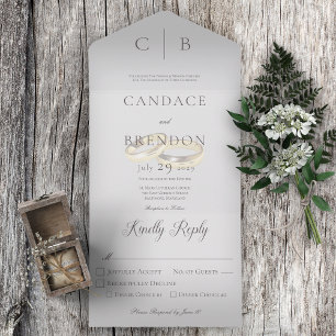 Invitación Todo En Uno Boda Anillos Cena Gris Moderna