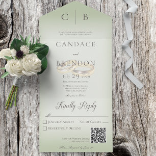 Invitación Todo En Uno Boda Anillos Código QR verde de sabio moderno
