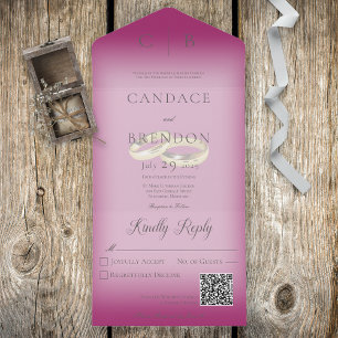 Invitación Todo En Uno Boda anillos Fuchsia moderna Código QR rosa