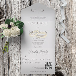 Invitación Todo En Uno Boda Anillos Gris Gris moderno Código QR