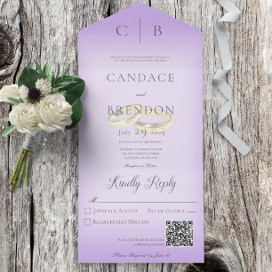 Invitación Todo En Uno Boda Anillos Lavanda moderna Código QR