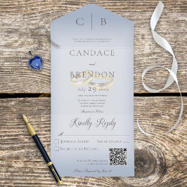 Invitación Todo En Uno Boda anillos moderno Dusty azul código QR